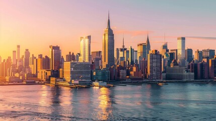 Obraz premium Panoramic view of New York City skyline at sunset with the iconic Empire State Building, reflecting on the Hudson River under a clear sky and warm sunlight.