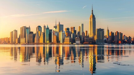 Panoramic view of New York City skyline at sunset with the iconic Empire State Building, reflecting on the Hudson River under a clear sky and warm sunlight.