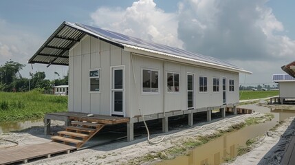 A sy shelter built in a floodprone area with solar panels on the roof to maintain power even during disasters.