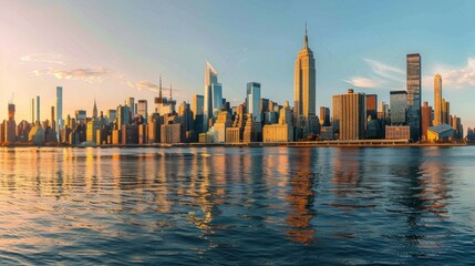 Fototapeta premium Panoramic view of New York City skyline at sunset with the iconic Empire State Building, reflecting on the Hudson River under a clear sky and warm sunlight.