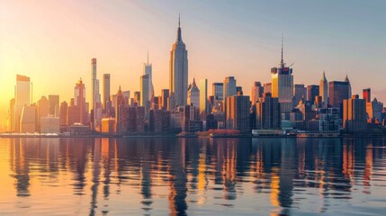 Naklejka premium Panoramic view of New York City skyline at sunset with the iconic Empire State Building, reflecting on the Hudson River under a clear sky and warm sunlight.