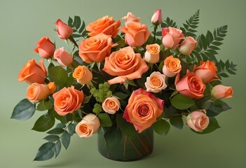 Elegant Bouquet of orange Roses in an emerald jar on the green background