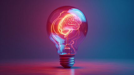 Neon light bulb with a brain inside, symbolizing innovation, creativity, and ideas against a gradient background.