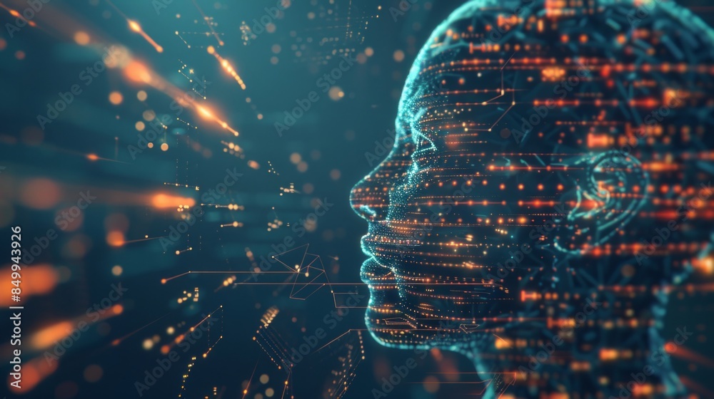 Poster side profile of a futuristic artificial intelligence computer head with glowing lines and data. mode