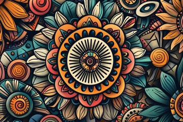 Cartoon cute doodles of a mandala with cultural motifs from different civilizations, Generative AI