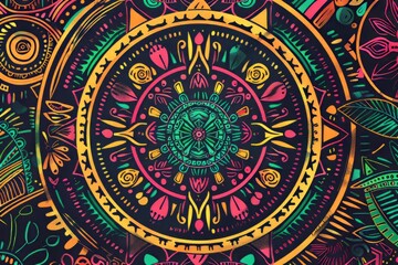 Cartoon cute doodles of a mandala with cultural motifs from different civilizations, Generative AI
