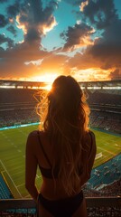 A woman observes a stunning sunset over a crowded football stadium from a high vantage point