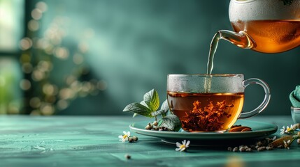 A teapot pours hot tea into a glass cup with a sprig of mint and blooming flowers. The background is a blurred teal color.