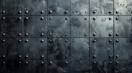 A textured metal wall with rivets. The surface is dark and distressed.