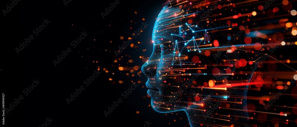 Poster side profile of a futuristic artificial intelligence computer head with glowing lines and data. mode