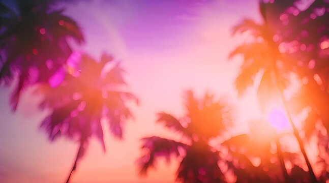 silhouette tropical palm tree on sunset sky with bokeh light leak abstract background Summer vacation and nature travel adventure concept Pastel tone filter effect color, with copy space