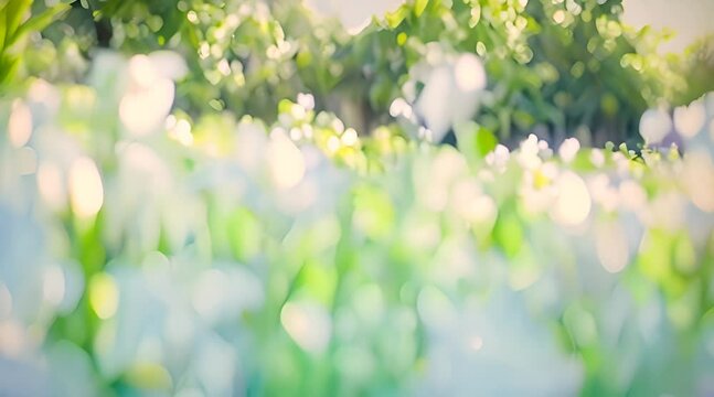 Spring or summer season abstract nature with white lilies and green grass on light blue blurred background in fine bokeh