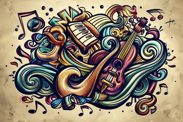 Cartoon cute doodles of a mandala with music-inspired elements like notes and instruments, Generative AI