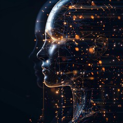 Side profile of a futuristic artificial intelligence computer head with glowing lines and data. Digital background