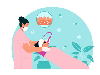 Doctor woman making to patient laser skin resurfacing. Medicine vector illustration