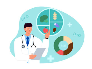 Doctor nutritionist explaining diet and healthy nutrition plan on diagrams. Medicine vector illustration