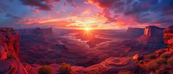 A dramatic canyon landscape at sunset, red rock formations, sky painted with vibrant hues, wide-angle, awe-inspiring and expansive., Leading lines, centered in frame, natural light
