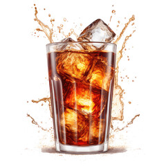 Glass of cola with splash isolated on transparent white background, clipping path 