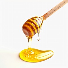 honey fall from wooden dipper. Drizzling rich, golden honeyonto white background. Natural food and culinary concept.