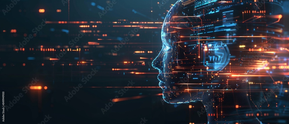 Poster side profile of a futuristic artificial intelligence computer head with glowing lines and data. digi
