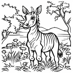 Black and white line drawing of a young zebra standing in a natural landscape, surrounded by trees and flowers.