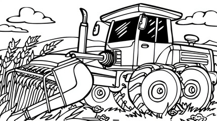 Black and white cartoon of an agricultural harvester in a wheat field, ideal for coloring books or educational materials.