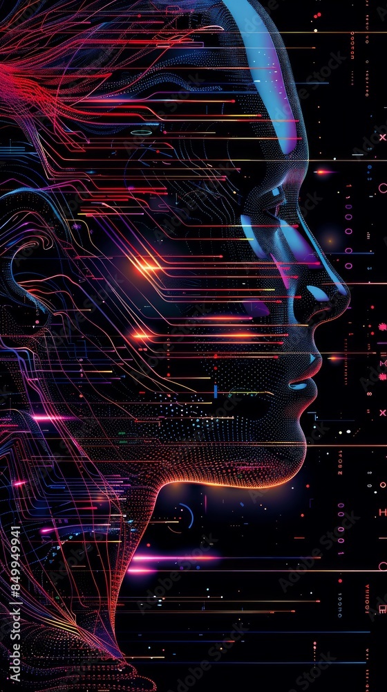 Poster side profile of a futuristic artificial intelligence computer head with glowing lines and data. digi