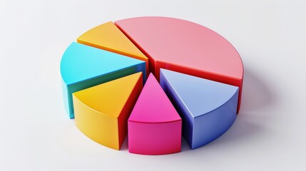 Obraz premium Detailed 3D pie chart with vibrant segments, set against a white flat background, clean and professional design, clear text space, modern aesthetic