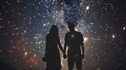 Silhouette of a couple holding hands under a starry night sky, expressing love, wonder, and the beauty of the universe.