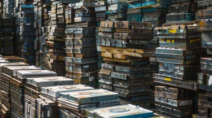 Fototapeta premium A large warehouse filled with neatly stacked recycled solar panels awaiting their next destination to power homes and businesses.