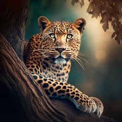 Leopard lying on a tree in the forest. Animal portrait.