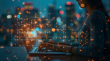 A woman is typing on a laptop in front of a city skyline