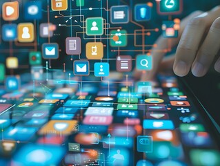 A hand is touching a screen with many icons, including a camera, a keyboard