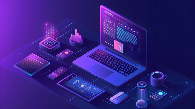 The table is covered with a purple background, giving the scene a futuristic