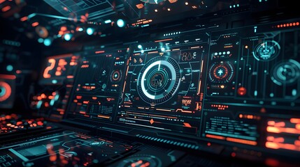 Obraz premium A computer monitor with a glowing green circle in the middle. The screen is filled with various buttons and numbers