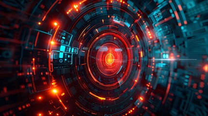 A glowing red circle in the center of a blue and orange background. The circle is surrounded by a series of smaller circles and squares. The image has a futuristic and technological feel to it