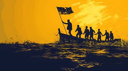 A group of people are rowing a boat with a flag. The flag is black and white