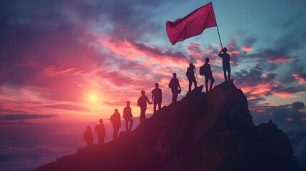 A group of people are standing on a mountain, holding a red flag. The flag is held high, and the people are all smiling. Scene is one of triumph and accomplishment