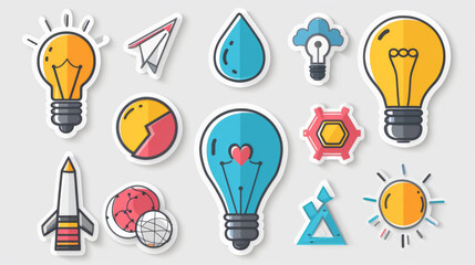 Collection of colorful icons representing business and innovation concepts, including light bulbs, rocket, and cloud symbols.
