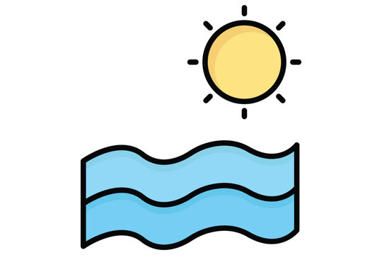 Sea icon. wave with sun. icon related to recreation. colored outline icon style. water elements vector illustration