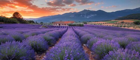 A picturesque lavender field at golden hour, rows of blooming lavender stretching into the...