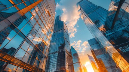 A city skyline with tall buildings and a bright orange sun in the sky. The buildings are made of glass and reflect the sun's rays, creating a beautiful and serene atmosphere