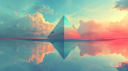 A pyramid is reflected in the water. The sky is blue and the water is calm. The image has a peaceful and serene mood