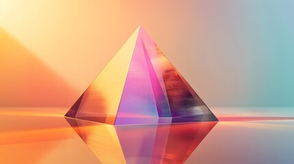 A pyramid-shaped crystal is reflected in the water. The colors of the crystal and the water create a vibrant and dynamic scene
