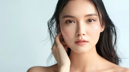 Fototapeta premium A young woman with long black hair looks directly at the camera with a neutral expression. Her skin is clear and smooth.