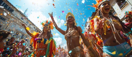 Fototapeta premium A vibrant street in Rio de Janeiro during Carnival, colorful costumes, samba dancers, confetti in the air, low angle, energetic and festive., Leading lines, centered in frame, natural light