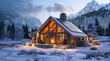 A cozy lodge nestled in the mountains with a woodburning fireplace and large windows showcasing a snowy view. Solar panels can be seen on the roof providing energy for the lodge.