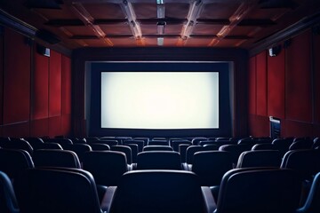 Fototapeta premium Empty Cinema Hall with Blue Interior and Blank White Screen Mockup