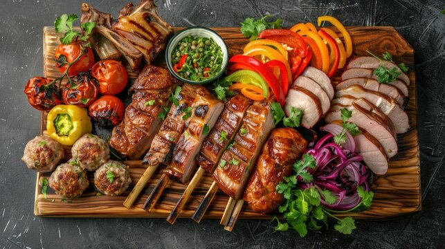 arranged grilled meat platter with pork slices, meatballs, and colorful vegetables