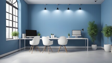 3D Blue open space office corner with mock up wall, for your background.